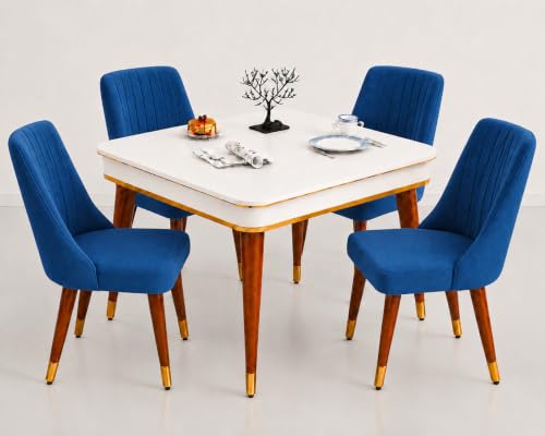 Image of WOODEN SPACE 4 Seater Wooden Dining Table Set | Urban Marble Top Dining Table with Chairs for Dining Room & Kitchen (Modern Frontline Navy Blue) (42 x 42 x 30 inch)