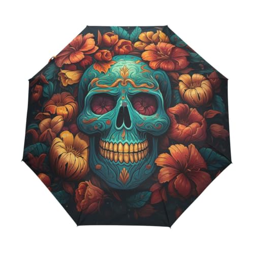 Parapluie protection UV ultra-léger automatique à motif crânes rose dorée