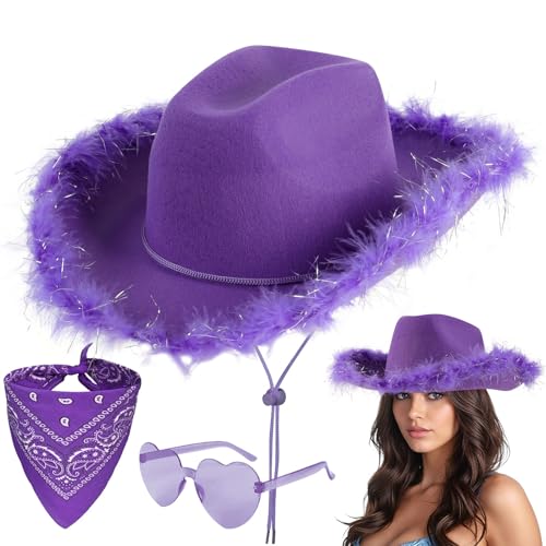 Aomig Sombrero de Cowboy, 3Pcs Sombrero Vaquero Hombre con Bandana y Gafas de Amor, Cowboy Hat Hombre Mujer, Western Cowgirl Hat para Banda Country Playa Natural Mejicano