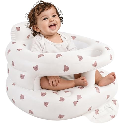 Inflatable Baby Seat for Babies 3-36 Months Baby Chair with Fence & Built in Air Pump Blow Up Floor Baby Seat with Back Support Inflatable Baby Chair Sit Me Up for Home Travel (Bear)