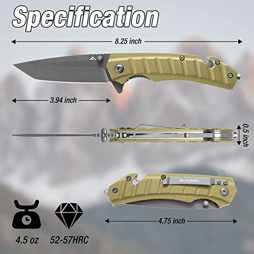 Flissa Folding Pocket Knife, Tactical Knife With Liner Lock, Tanto Blade, Pocket Clip, Glass Breaker, Seatbelt Cutter, Perfect For Hunting, Camping, Survival (Coyote Brown) #TOP1