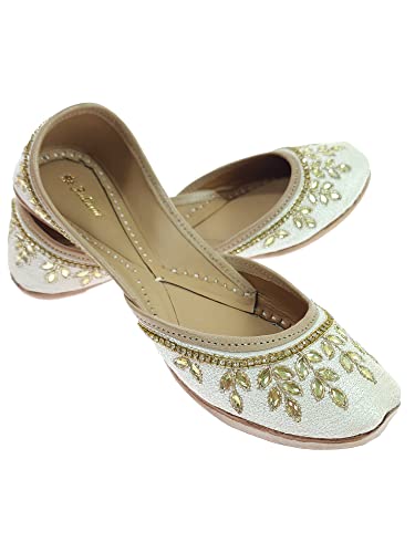 Image of Fulkari Women's Dolli Gold Genuine Soft Leather Embroidered Jutis | Bite and Pinch Free Jutti | Punjabi Formal Juttis | Girl's Wedding Flat Ladies Mojari | Formal Ethnic Juti |