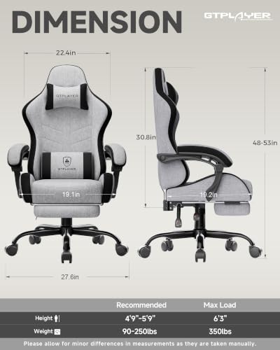 Image of GTPLAYER Gaming Chair for Adults, Computer Chair with Footrest, Grey | Ergonomic Video Game Chair with 90-155 Recline, Removable Headrest & Lumbar Support, All-Day Comfort for Home & Office