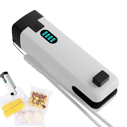 Sellador de vacío portátil mejorado para alimentos - máquina de sellado de vacío compacta con cortador de linterna | Pantalla de batería Dispositivo de embalaje eléctrico para acampar en casa de almac