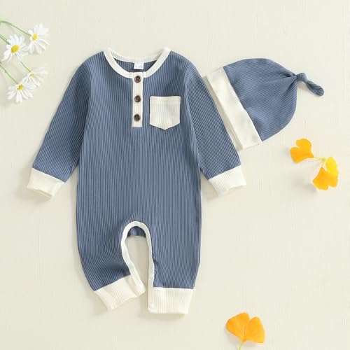 fhutpw Newborn Baby Boy Clothes Ribbed Knit Bodysuit 3 6 Months Infant Fall Long Sleeve Splicing Color Romper Jumpsuit & Hat2