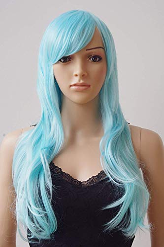 Long Anime Cosplay Synthetic Wig 10 Colors Full Wig with Bangs Layered Curly Wavy 23'' / 58cm+Stretchable Elastic Wig Net for Women Girls Lady Fashion(light blue)