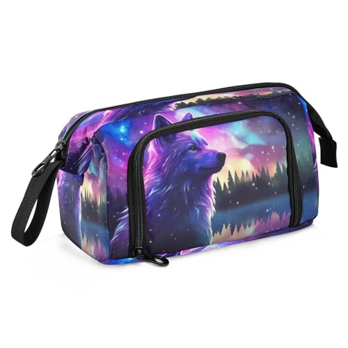 Image of Watercolor Galaxy Stars Wolf Pencil Case Pouch Big Capacity Pencil Bag Box Organizer Pen Case with Zipper Pencil Cases for Girls Boys Women Kids Adults School