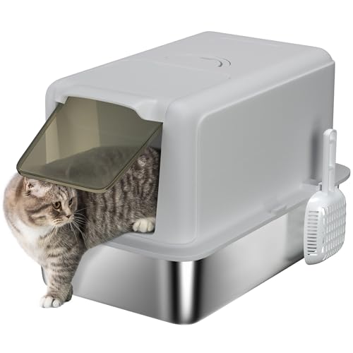 Image of PawHut Stainless Steel Cat Litter Box, Extra Large Metal Cat Litter Tray with Lid, Scoop, Filter Bags, Grey
