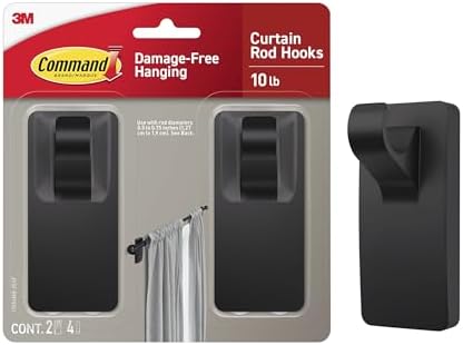 Command 10 lb Matte Black Curtain Rod Hooks, 2 Hooks and 4 Strips, No Drilling Home Decor and Room Decor, Use with Rod Diameters 0.5-0.75" | 10 lb, 4 Command Strips, Damage Free, Curtain Rods Hangers, Home and Room Decor