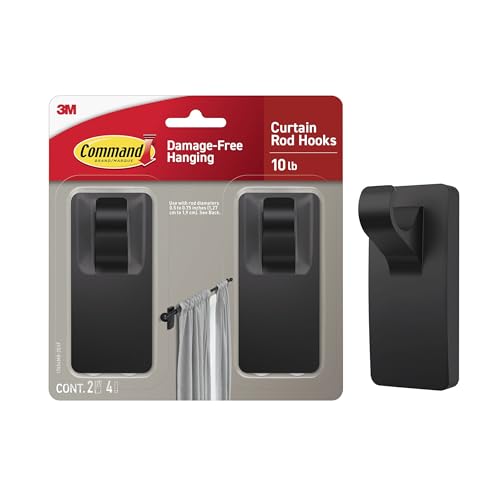 Command 10 lb Matte Black Curtain Rod Hooks, 2 Hooks and 4 S...