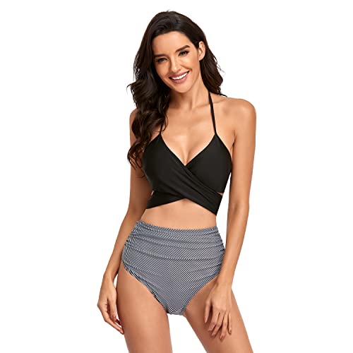 Jywmsc Femme Maillot de Bain Taille Haute Vintage Imprimé Bikini Halter Réglable Push Up Ensemble de Plage 2 Pièces S-XL Cover
