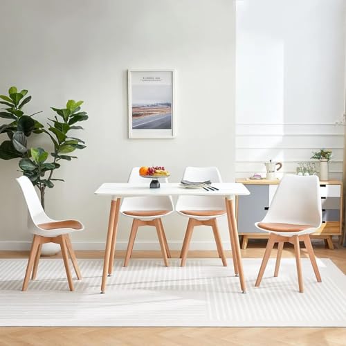 Image of Set of 4 Modern Style Mid Century Modern Dinning Room Cafe Hotel Office Wooden Legs Chair (White with Brown Seat)