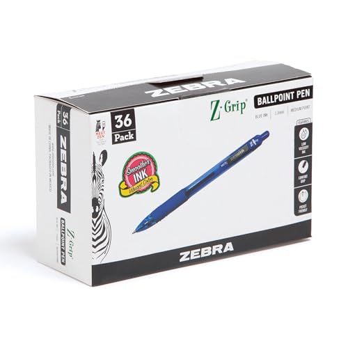 Stylo bille Zebra Z-Grip rétractable pointe moyenne 1,0 mm encre bleue lot de 36