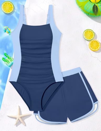 Image of Girls Swimsuit One Piece Swimsuits Color Block Bathing Suit for Girls Adjustable Strap Padded Swimwear with Shorts