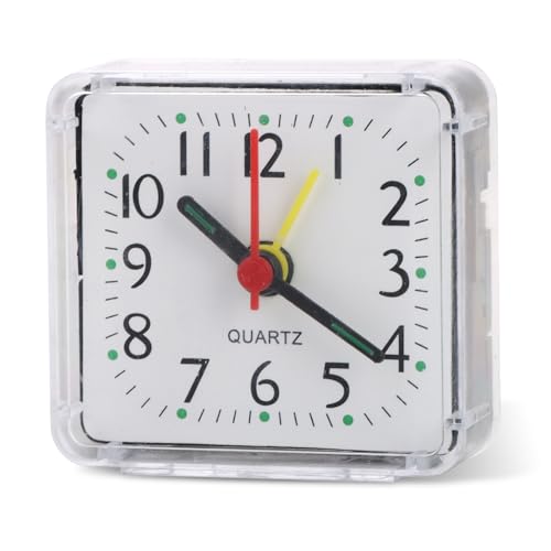 Square Small Travel Alarm Clock, Silent Accurate Desk & Table Alarm Clock, Portable Design for Travel, Long Lasting Plastic Battery Operated, Perfect for Bedroom Office and Living Room Decor (White)