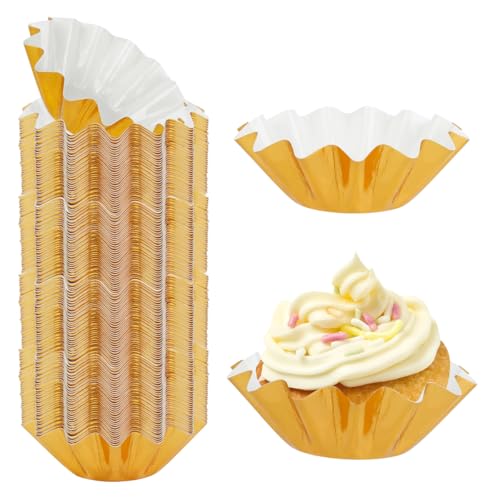 200 Pcs Wave Cupcake Liner, Flared Baking Cups, Paper Muffin Holder, Greaseproof Coated Wrappers for Tea Party Wedding Birthday Baby Shower Cake Candy Supplies (Gold)
