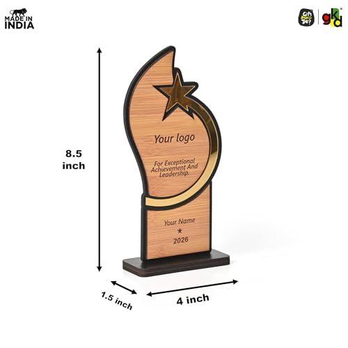 Image of GKD Customizable Wooden Star Award Trophy - Premium Achievement & Leadership Memento - Personalized with Logo & Name - Corporate, Office, Employee Recognition Gift (Small)