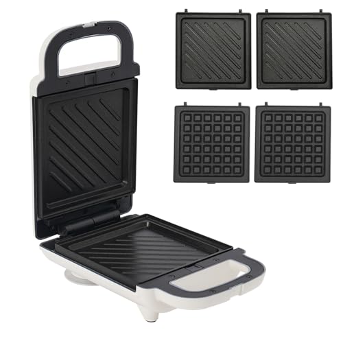 Sandwichera, gofrera de 650 W con placas intercambiables, tostadora de sándwich con 4 bandejas para hornear, sandwiches y paninitoaster para sándwiches rápidos y gofres, 24 x 15 x 9,5 cm
