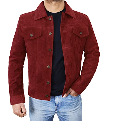 Image of Mens Premium Brown Suede Leather Trucker Jacket - Vintage Classic Motorcycle Western Goat Leather Coat