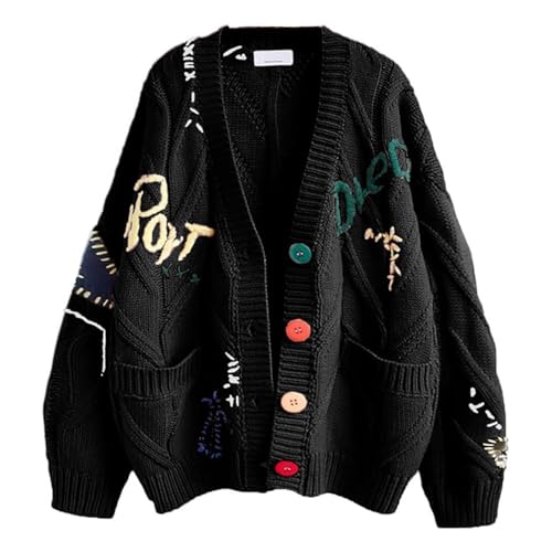 Image of Women's Cable Knit Open Front Cardigan V-Neck Button Down Embroidery Wool Blend Sweater Coat