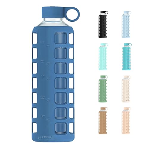purifyou 40oz / 32oz / 22oz / 12oz Borosilicate Glass Water Bottle with Time & Volume Markers, Silicone Sleeve, Stainless Steel Lid | Reusable Glass Bottle for Water & Juice (22oz Chinese Porcelain)