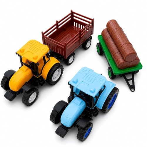 Image of Pull Back Farm Tractor Toy Set for Kids (2-7 Years) - 2 Friction Power Tractors with Detachable Trailer | Farming Play Set | Return Gift Toy Combo for Kids &Toddler | Educational & Role Play Set