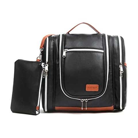 Pearl Angeli Travel Toiletries PU Leather Organizer with Hanging Hook Waterproof Cosmetic Bag Travel Organizer Full Size Container Toiletries Makeup Bag, A-Black Cover