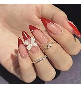 Red French Tip Press on Nails Almond Medium Fake Nails with 3D Bow Pearl Designs Valentines Nails...