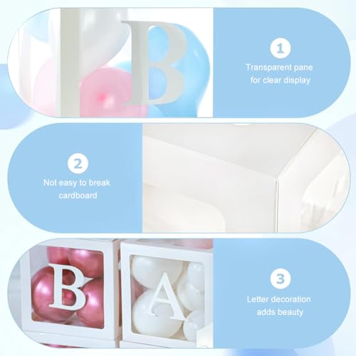 Boxy dekoracyjne na baby shower, 4 sztuki, białe przezroczyste pudełka na balony z czterema literami Baby, dekoracja na baby shower, dekoracja na baby party, pudełka na balony, pudełka na powietrzaki