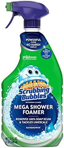 Scrubbing Bubbles Mega Shower Foamer Disinfecting Spray, Multi-Surface Bathroom and Tile Cleaner Grime Fighter, Removes 100% Soap Scum, Rainshower Scent, 32 oz