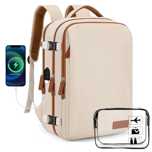 ASENTER For Easyjet Cabin Bag 45x36x20 New Underseat, Travel Backpack Carry On Waterproof for Airplane,30L Hand Luggage Rucksack with Charging Hole for Women Men Beige