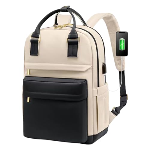 Mochila de ordenador portátil genérica de 15 pulgadas | Mochila Business con conexión USB Conexión y soporte para caso | Escolar hidráulico con acolchado | Perfecto para viajar, Negro con Beige, Se