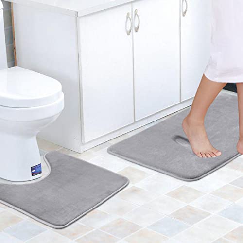 Flamingo P Memory Foam Toilet Rugs For Bathroom U Shaped Contour Set Extra Soft And Absorbent Bath Rugs Floor Mats For Bath/Tub/Shower (Grey, 20" X 32" & 20" X 20") #TOP29