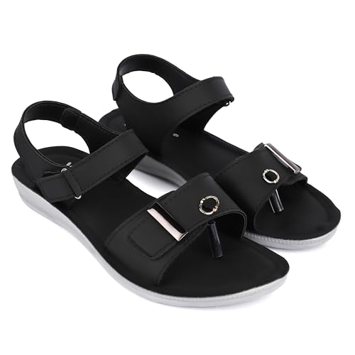 Image of Ango Women Minimal Black Flats Sandals with Premium Metallic Finish with Cushioned Sole