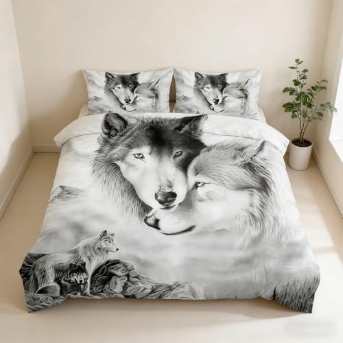 Housse de Couette Loup 3D, Set de Linge de Lit Animal, Motif Loup, Design pour Enfants (A, 200 x 200 cm)