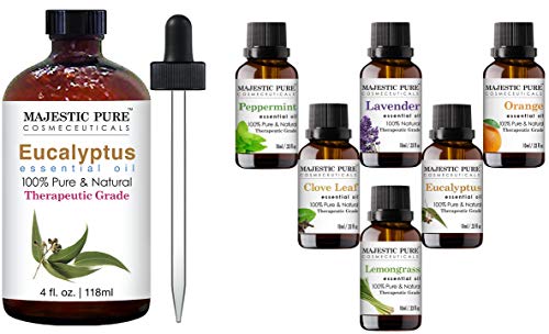 Majestic Pure Eucalyptus Essential Oil with Set of 6 Essential Oils Bundle  Therapeutic Grade, 100% Natural Essential Oils for Aromatherapy, Massage, Skin Care and Hair Care