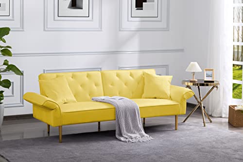 Lepfun Velvet Futon Sofa Bed, Memory Foam Couch Set, Upholstered Modern Daybed Convertible Folding Loveseat Recliner With Pillows And Wooden Frame For Compact Living Room,Apartment,Dorm,Office(Yellow) #TOP27