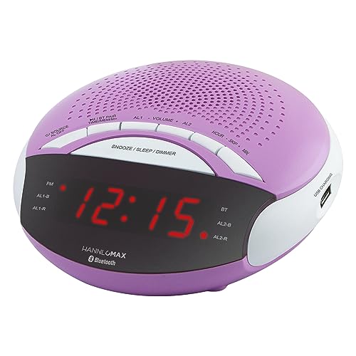 HANNLOMAX HX-139CR Alarm Clock Radio, PLL FM Radio with Preset Stations, Dual Alarm, 0.6” Red LED Display, USB Port for 1A Charging, Bluetooth, AC Power Operation only. (Pink)