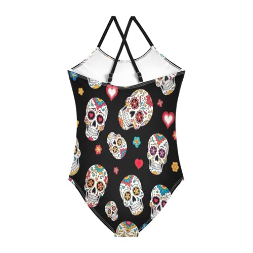 Colorful Skulls Floral Girl Swimsuit One Piece, Summer Beach Bathing Suit, 3-102