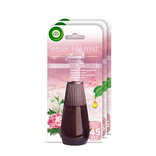 Air Wick Essential Mist - Recambio de Ambientador Difusor de Aceites Esenciales con Aroma a Peonia y Jazmín, Multicolor, 3 x 20ml