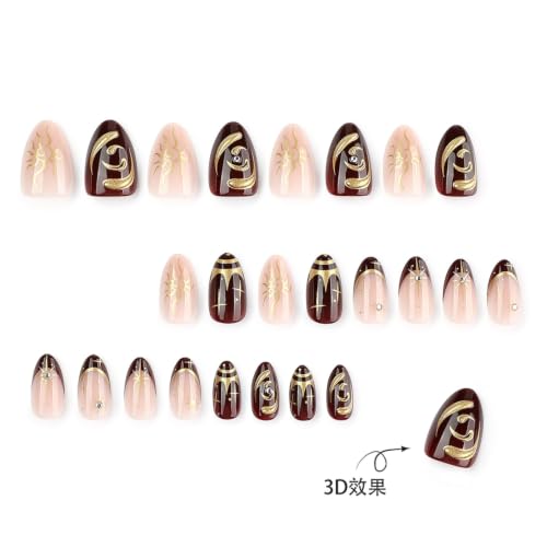 Image of Dark Red Press on Nails Short Almond Fake Nails Gold Sun Star False Nail | with Rhinestone Design French Tip Nail Press ons Glossy Full Cover Nude 3D Gold Line Stick on Nails for Women Manicure 24Pcs