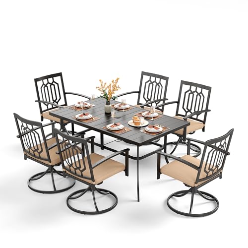 Image of PHI VILLA 7 Pcs Patio Dining Set for 6& Swivel Chairs | Rectangular Dining Table and 6 Swivel Patio Dining Chairs w / cushions for Outdoor Backyard Bistro Furniture Set