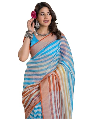 Image of Satrani Women's Linen Printed & Embroidery Ready To Wear Saree with Unstitched Blouse Piece