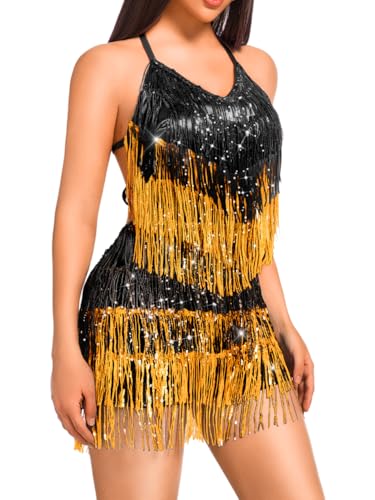 Image of Kaei&Shi Sequin Fringe Romper,Sparkly Glitter Metallic Jumpsuits For Women,Backless Shorts Dress Disco Birthday Dance Outfit