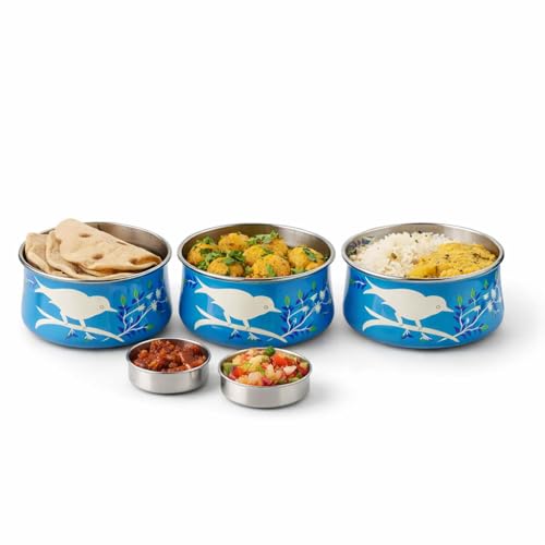Image of iHandikart Handpainted Multiple Tier Decorative Stainless Steel Tiffin Box, With Lid and Handle, Color - Multicolor, Perfect Used For - Festival Gifts, School and Office Use (IHK-HPT3-007)
