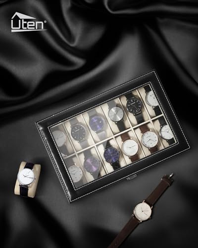 Image of Uten Watch Organizer - 12 Slot PU Case with Glass Lid, Valentine's Day Gift, Watch Display Box with Removable Pillow, Metal Clasp