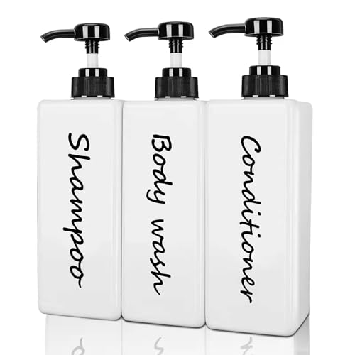 Shampoo and Conditioner Dispenser (Set of 3, 21oz) Modern Refillable Shampoo Pump Bottles for Shower Soap - Empty Body Wash Dispenser Set for Bathroom