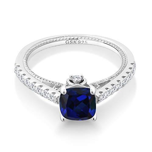 Gem Stone King 6MM Cushion Gemstone Birthstone and Created Sapphire Engagement Ring For Women | 925 Sterling Silver | Wedding Anniversary Promise Ring | Available In Size 5-9