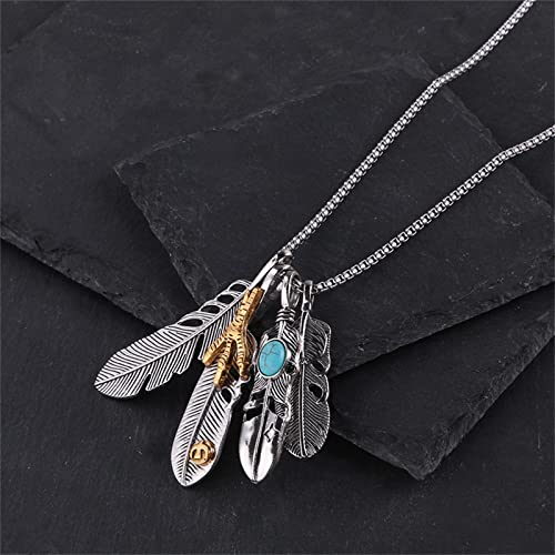 Dreuyet Stainless Steel Feather Necklace for Men Women Bohemian Inlay Turquoise Feather Angel Necklace 4 Combinable Feathers Charm Pendant4