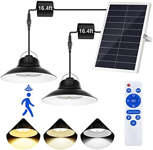 JIORRIO Solar Pendant Light Indoor Outdoor Solar Shed Light with Motion Sensor, 6 Lighting Combination Modes & 3000K/4500K/6000K & Remote & Timer Split Security Lamp for Garage Gazebo Barn (2 Pack)